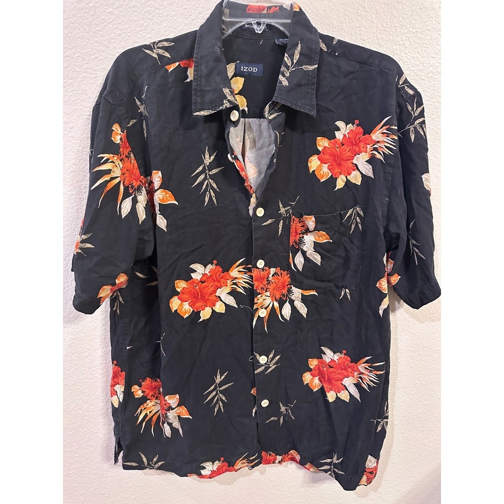 IZOD Men's Silk Hawaiian Shirt, Black Floral Print Button Down, Short Sleeve